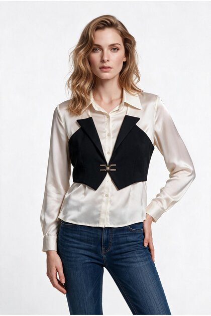 Women's Satin Textured Shirt and Vest-Looking Metal Buckle Set