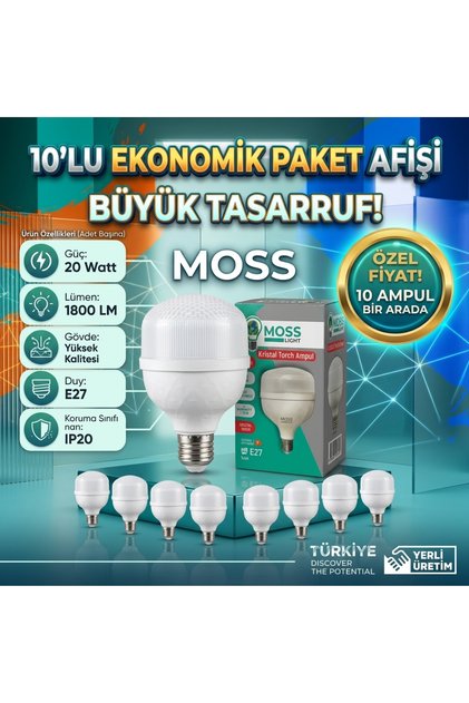light VİP AYDINLATMA / 20W KRİSTAL TORCH AMPUL BEYAZ IŞIK / 10'LU EKONOMİK PAKET