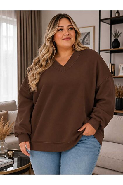 3 Yarn Combed Cotton Plus Size V-Neck Sweatshirt Aow4