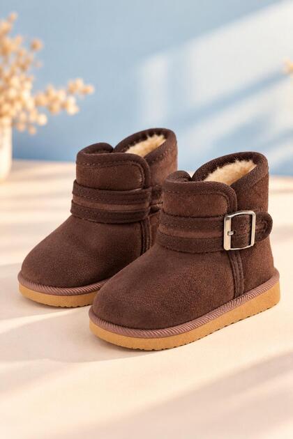 Girls' and Boys' Suede Winter Boots – Faux Fur Lining, Velcro and Buckle Poly Sole