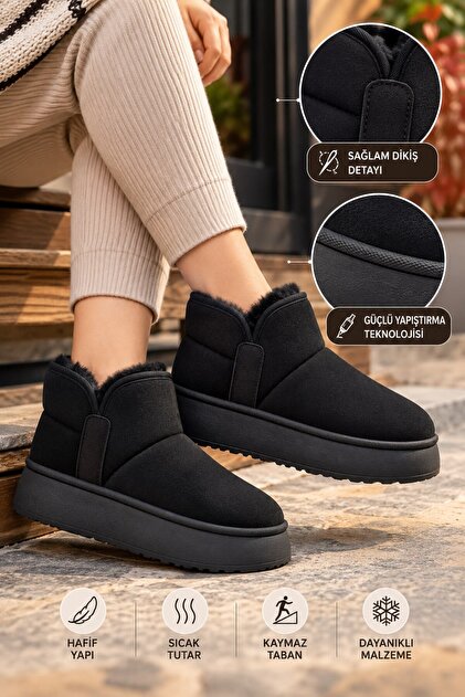 Women's Anatomical Comfortable Mini Suede Boots with Fur Inside Thick Sole Winter Women's Ankle Boots Shoes Black