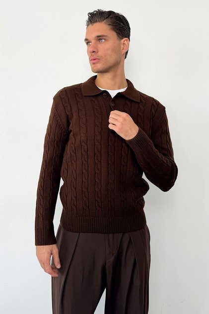 Men's Polo Collar Buttoned Hair Knit Pattern Knitwear Sweater Brown - 26501
