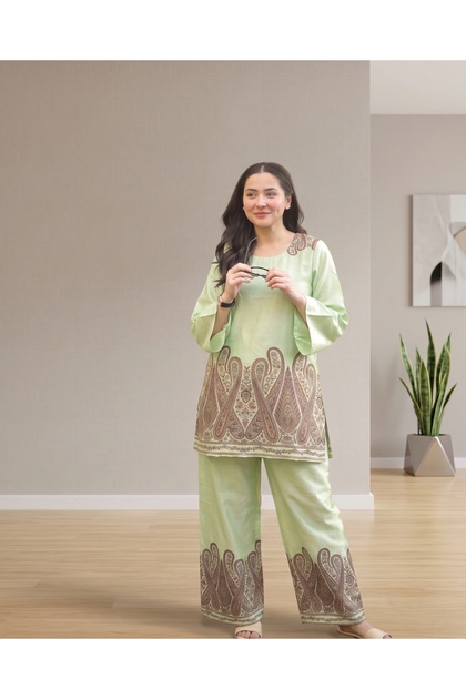 Women Co-ord Set, Pista Green Paisley Print