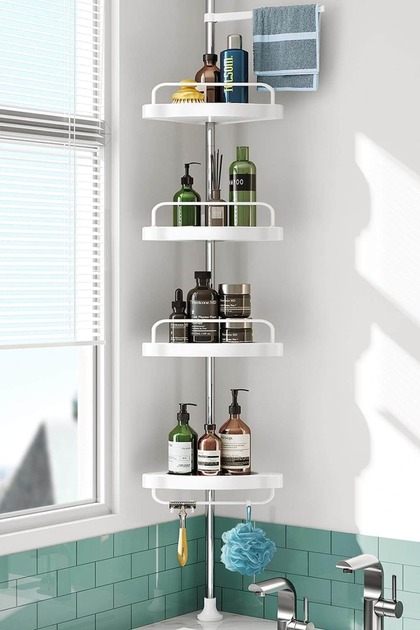 Corner Shelf for Bathroom and Kitchen, Rust-Resistant Shower and Kitchen Tool Holder, 4-Tier Adjustable Shelves, with Tension Pole between Ceiling and Floor, 3 Meters High