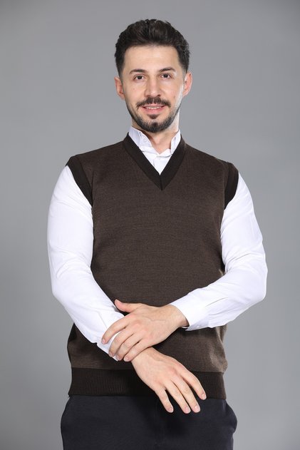 Brown Men's Dad and Middle-Aged Men's Knitted Patterned Acrylic Thick Textured V-Neck Knitwear Sweater