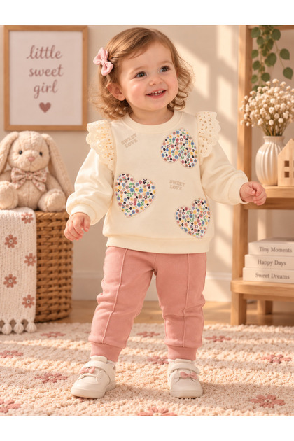 Heart Flower Printed Ruffled Shoulder 2 Thread Baby Girl-Child 2-Piece Set 6 Months-18 Months