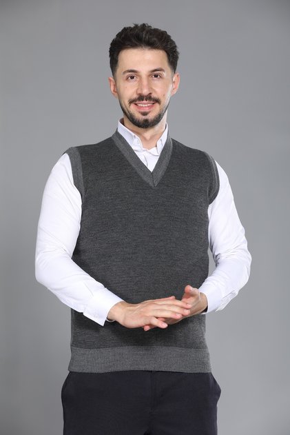 Gray Men's Dad and Middle-Aged Men's Knitted Patterned Acrylic Thick Textured V-Neck Knitwear Sweater