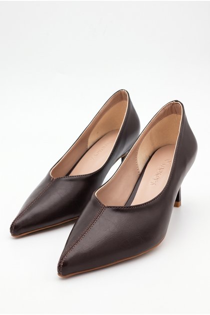 Women's Kitten Heeled Shoes with Sewing Detail in Bitter Brown for Daily Wear
