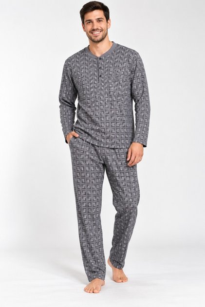 100% Cotton Patterned Button Collar Pocketed Long Sleeve Men's Pajama Set