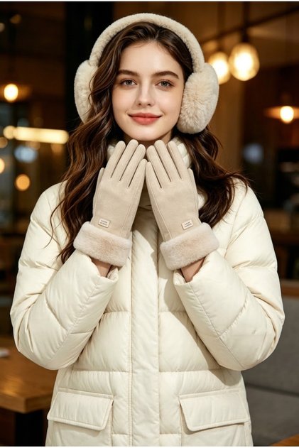 Women's Plush Ear Muffs and Fur Detailed Suede Gloves 2-Piece Winter Set