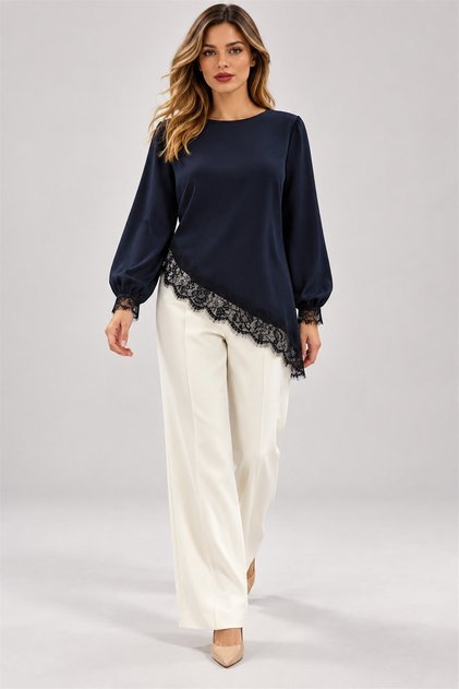 Women's Crew Neck Long Sleeve Asymmetrical Lace Detailed Imported Crepe Blouse