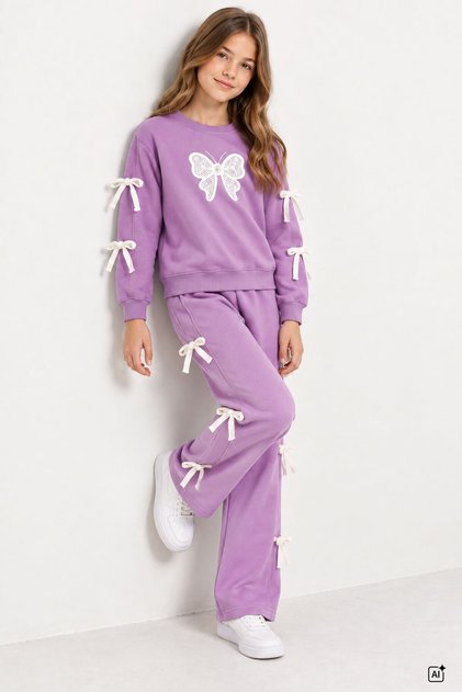 Lila Girl's Butterfly Embroidered Shawl-Shoulder Sweatshirt Set 24978