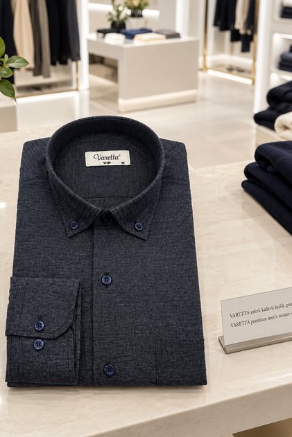 Men's Winter Navy Blue Shirt with Flat Collar, Buttoned, Single Open Pocket, Classic Cut, Premium