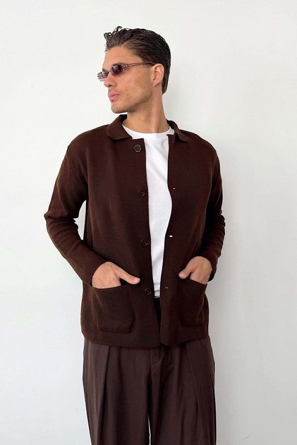 Men's Shirt Collar Buttoned Double Pocket Cardigan Brown - 26121