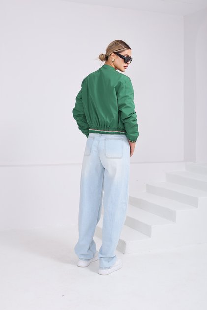 Women's Stand Collar Bomber Jacket with Pockets and Elastic Waist