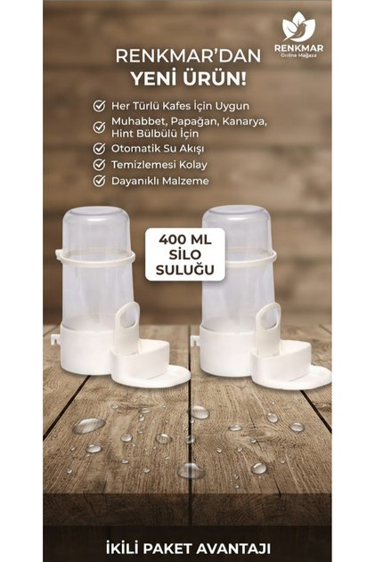 Evcil Hayvan Kuş Kafesi Otomatik Silo Suluğu 400 ml - 2 Adet Fırsat Paketi (Muhabbet, Papağan, Kanarya Uyumlu)