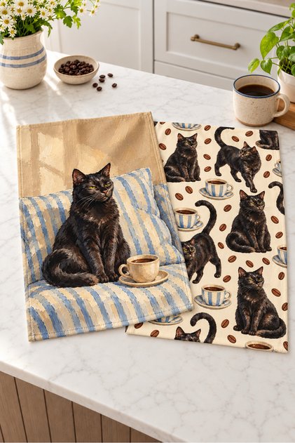 Cat Café Cat and Coffee Patterned 2-Piece Kitchen Towel Set 40X60