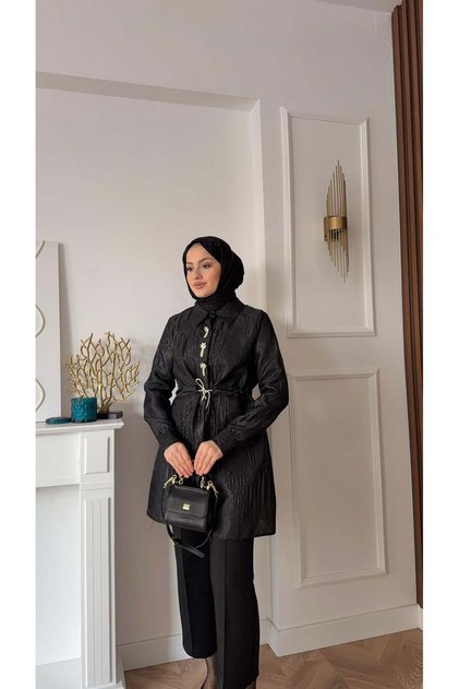 Taşlı İşlemeli Tafta Ceket Siyah
