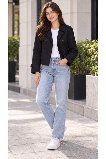 Women's Black Epaulet Buttoned Lined Short Trench Coat