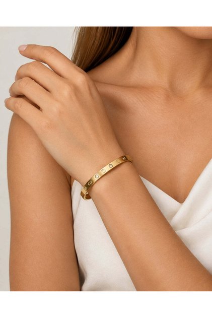 Gold Renk Minimal Taşlı Kelepçe Bileklik