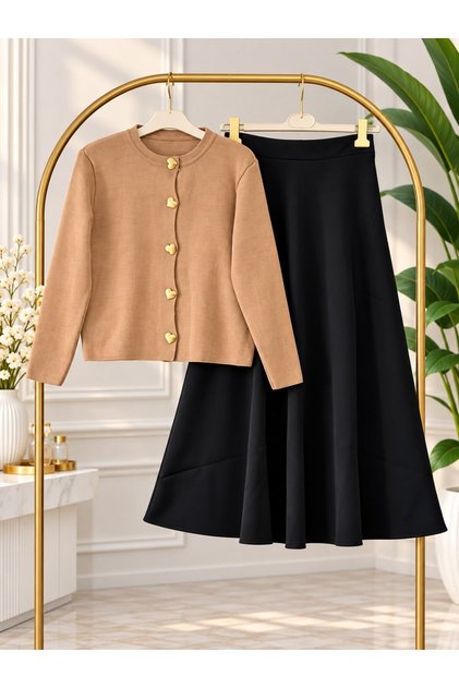 Women's Hijab Gold Button Detailed Black Skirted Knitwear Set Beige