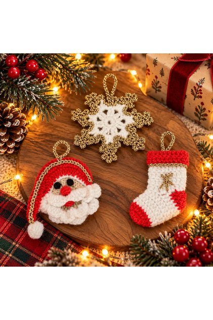 Knitted Christmas Tree Ornament Set of 3 Santa Claus Socks Snowflake Handmade Decorative Ornament