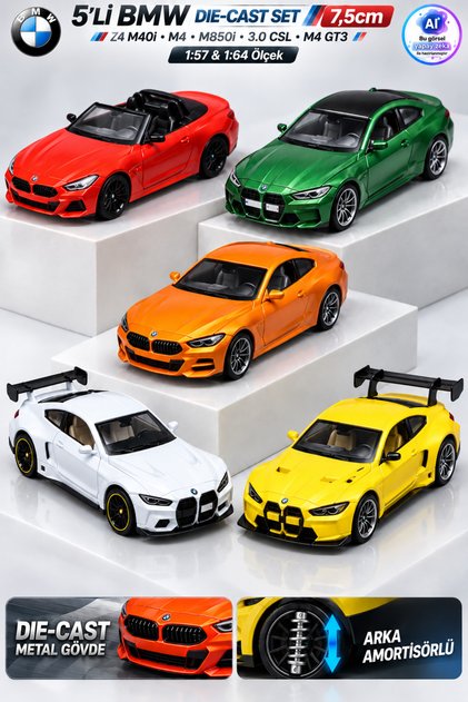 5’li BMW Die Cast Metal Model Araba Seti 7,5 cm – Z4 M40i, M4, M850i, 3.0 CSL, M4 GT3 Arka Amortisörlü Araba Seti