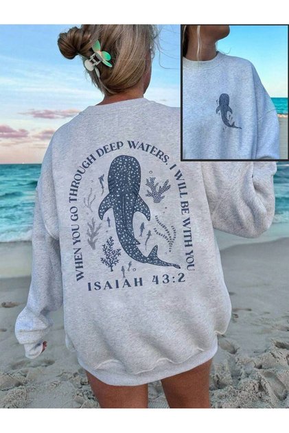 Women's Casual Beach Vacation Shark Graphic Printed Round Neck Loose Long Sleeve Sweatshirt