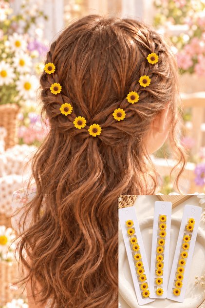 Girl's Yellow Sunflower Hair Earrings - Clip-On Hair Accessory -10 Pieces