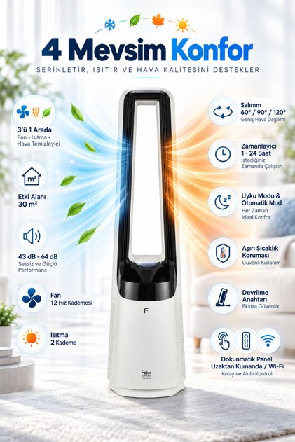 Multifonksiyonlu Kule Tipi Vantilatör 3'ü 1 Arada Fan Isıtıcı Hava Temizleyici 30 m² Wi-Fi Uzaktan Kumanda 12 Hız 2 Isıtma Kademesi 120° Salınım 24 Saat Zamanlayıcı Akıllı Kontrol Beyaz