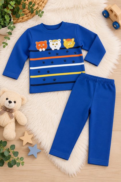 Baby Boy Printed Yarn Non-Embroidered Sweatshirt-Pants Set