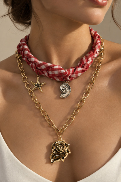 Women's Multi-Layered Gold Chain Red and White Gingham Fabric Braided Necklace