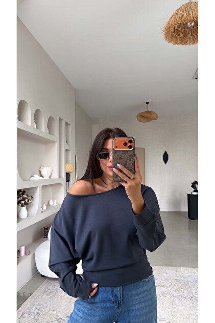 Anthracite Off-Shoulder Modal Sweatshirt