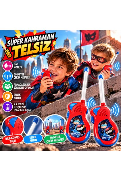Çocuk Telsiz Seti 2’li Walkie Talkie 50 Metre Çekim Mesafeli Bas Konuş Oyuncak Telsiz 25 cm