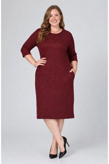 Women's Plus Size Winter Claret Red Midi Length Crew Neck Pocket Dress 12m-2434