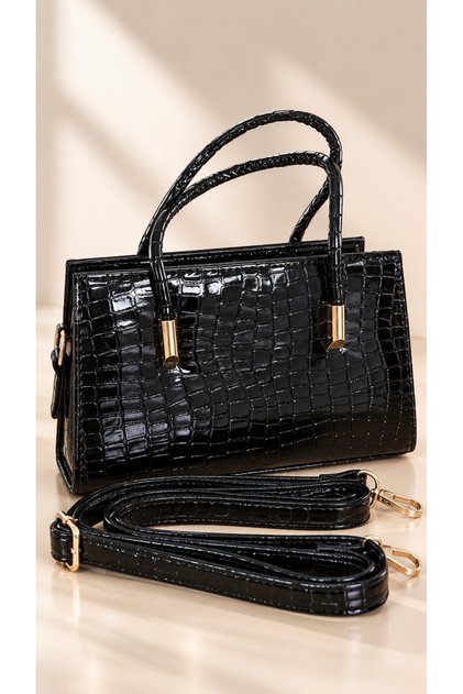 Crocodile Patterned Women's Hand and Shoulder Bag with Gold Detail