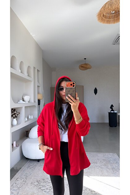 Red Zippered Pocket Modal Hoodie