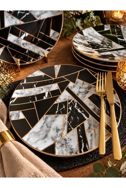 Marble Patterned Gold Gilded Cake Plate for 6 People 20cm