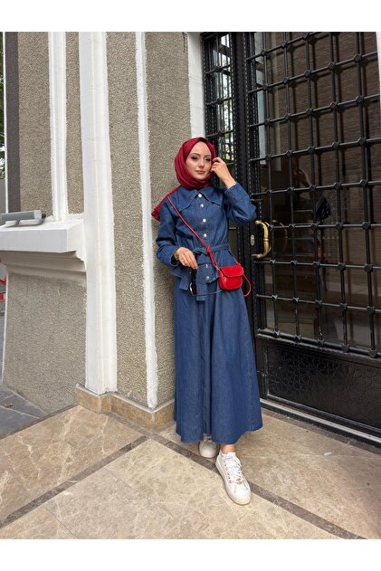 SET DE BLUZĂ ȘI PANTALONI DIN DENIM CU DETALII LA GULER
