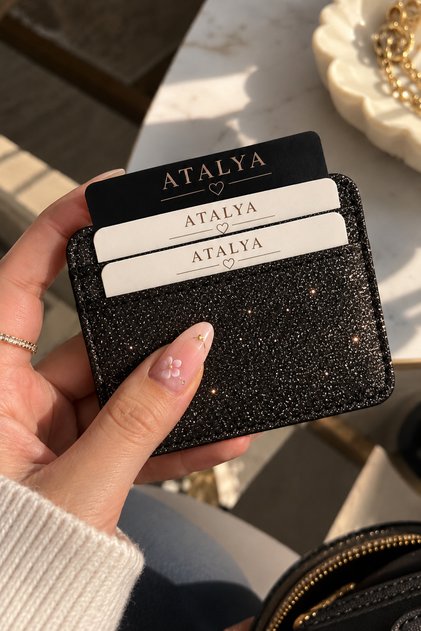 Black Glittery Women's Card Holder Wallet – Shiny, Stylish, Slim, Multi-Compartment Card Holder
