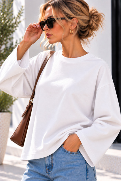 Kadın Beyaz Bisiklet Yaka Tişört Modal Kumaş Basic Oversize Uzun Kollu T-Shirt Bluz