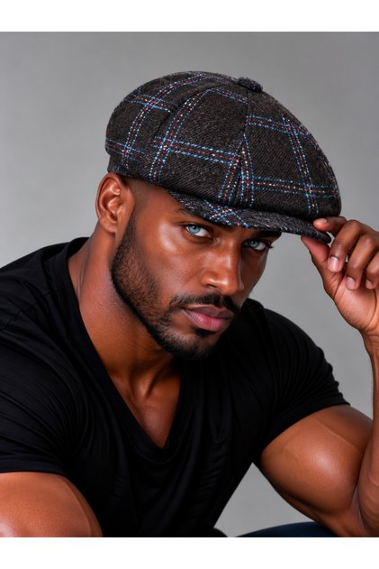 Plaid winter beanie hat, british style beanie with elasticated back.
