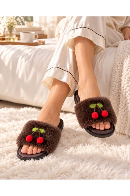 Women's House Slippers Plush Soft Comfortable Cherry Detailed Gift Bundle Bridal Dowry Guest House Slippers