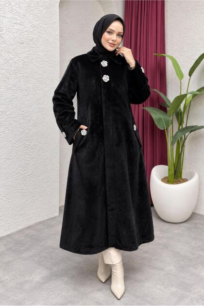 KADIN SİYAH DÜĞME DETAYLI ANGORA KABAN T 6105
