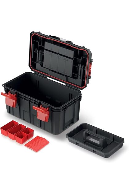 Tool Box with Tool Carrier, Dividers, Ergonomic Handle, Clamp Clasps, Plastic, 45 x 28 x 26.4 cm