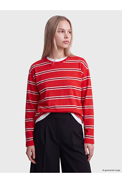 Alita City Lcw Vision Red Combed Cotton Striped Oversize Long Sleeve Women's T-Shirt