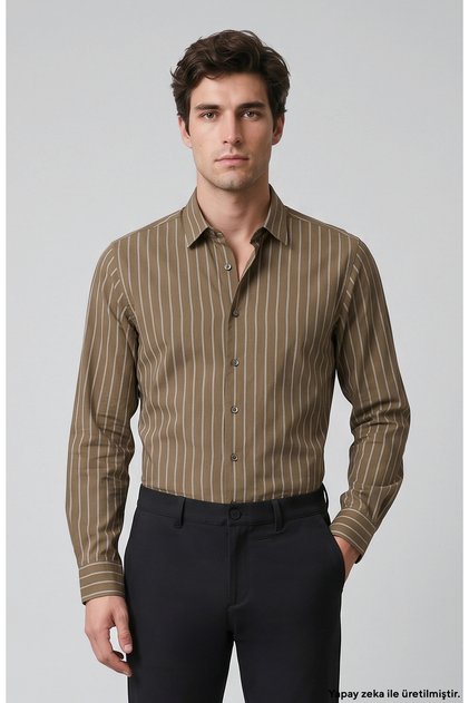 Haki Slim Fit Çizgili Gömlek