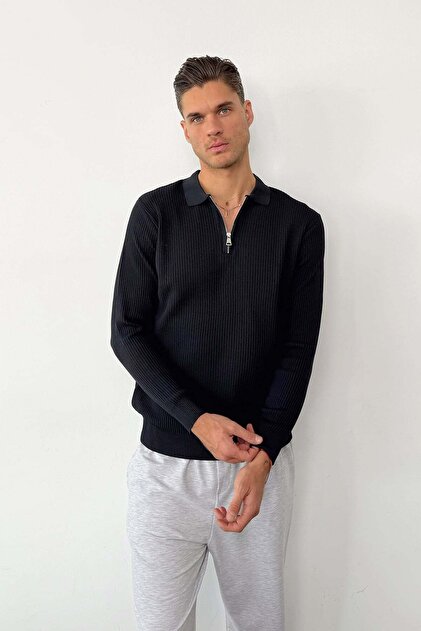 Men's Polo Collar Zipper Detailed Ribbed Knit Sweater Navy Blue - 27007