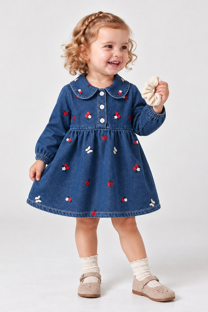 Girls' Baby Collar Flower Embroidered Denim Dress