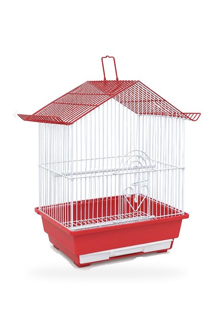 Compact Bird Cage with Wide-Eave House Roof, Perch and Pull-Out Tray for Canaries, Finches and Budgies - Red / White